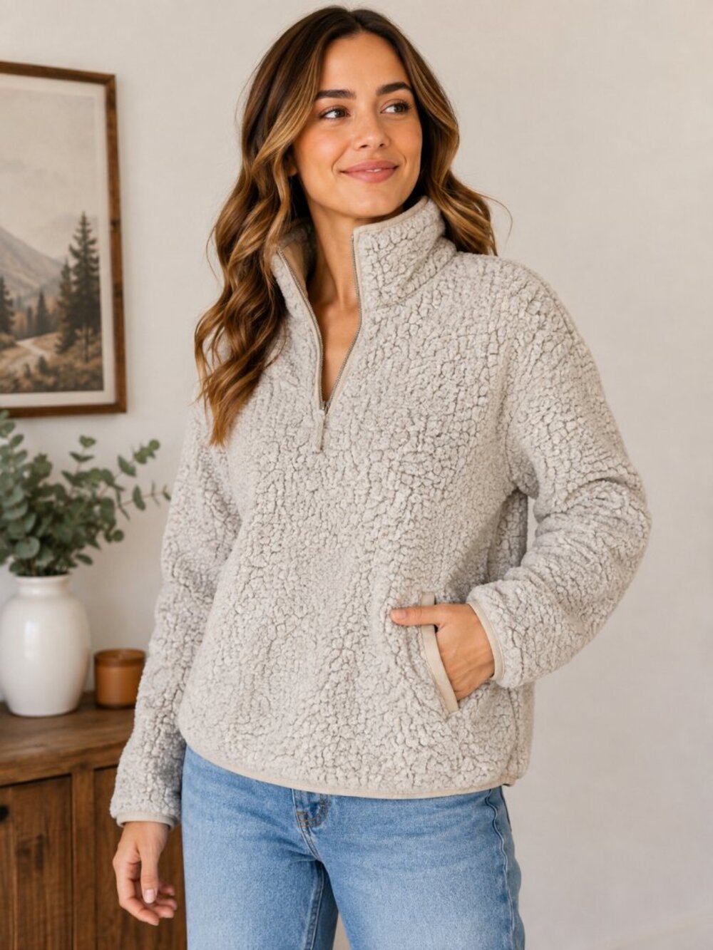Thread & Supply Frosted Sherpa Quarter Zip Pullover Size L Cream - Picture 1 of 7